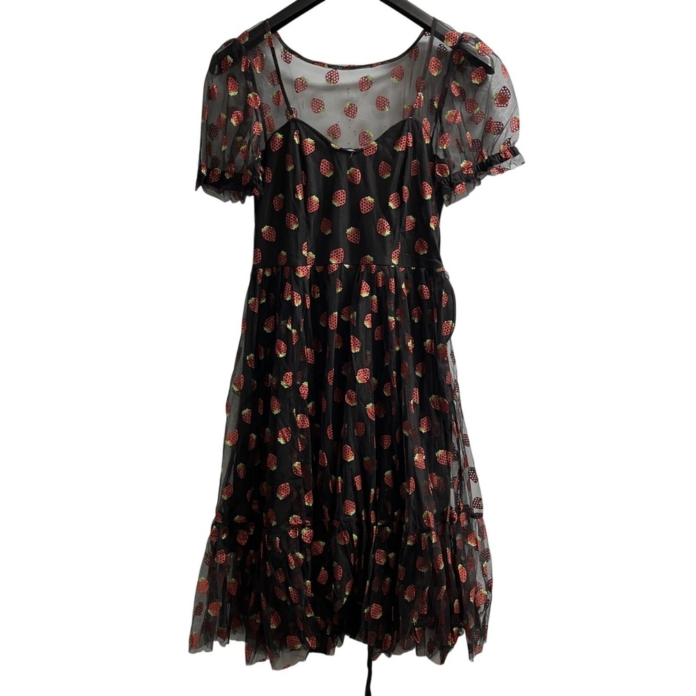 Hot Topic Dress Black Layered Mesh‎ Metallic Strawberry Print Size S Goth Grunge